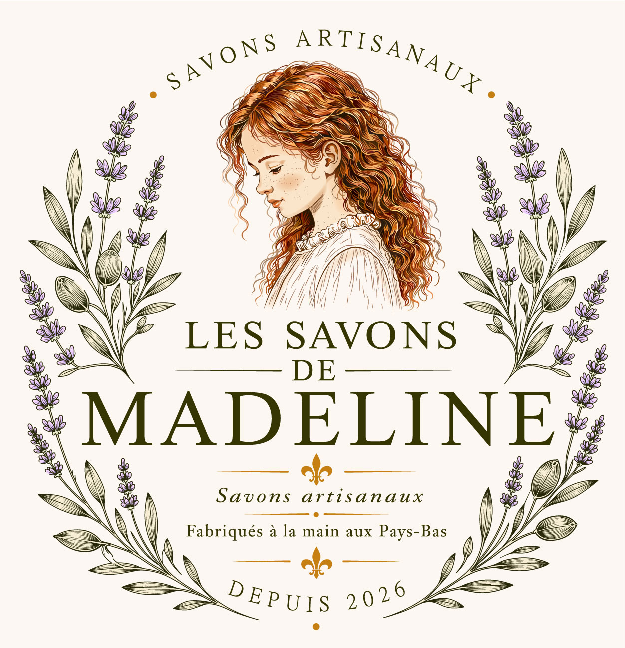 Les Savons de Madeline — logo met portret, lavendel en olijftak